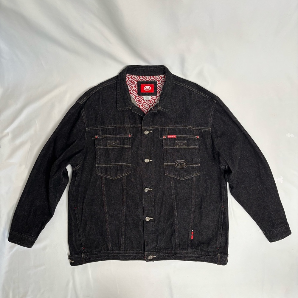 Ecko Unltd Jean Jacket Mens 2XL Black Denim Trucker Skater Hip Hop Rap Y2K XXL